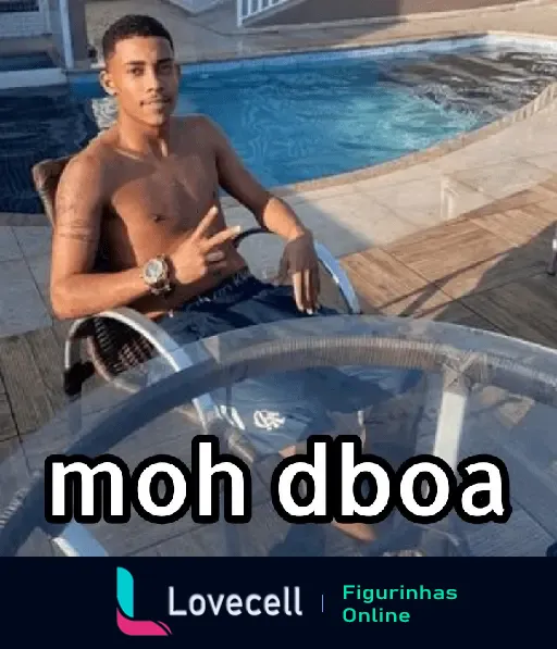 Figura de um homem relaxando em uma cadeira ao lado de uma piscina, com a frase 'moh dboa'. Pasta: MÓ PAZ: MC POZE.