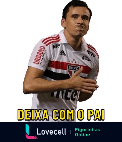 Figurinha do WhatsApp mostrando jogador do São Paulo Futebol Clube apontando para si mesmo com a frase 'Deixa com o Pai', expressando confiança em resolver a situação no jogo