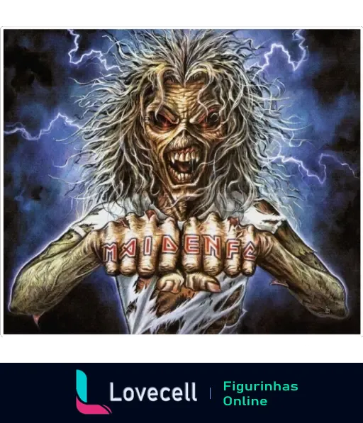 Arte assustadora da mascote Eddie com cabelo despenteado, fundo de raios e 'MAIDEN' tatuado nos dedos, capa do álbum Iron Maiden.