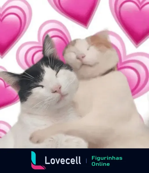 Dois gatinhos fofos abraçados com olhos fechados, em um fundo cheio de corações rosa. A imagem é adorável e representa carinho e afeto.