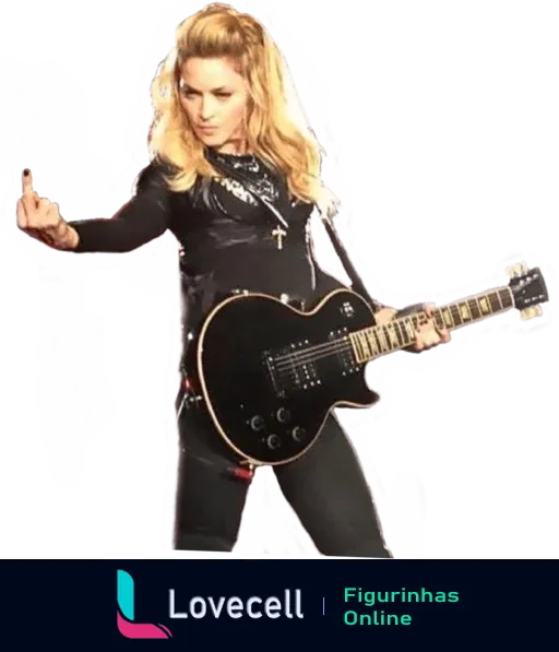 Madonna segurando uma guitarra elétrica, com uma expressão de atitude e fazendo gesto provocativo com o dedo médio.