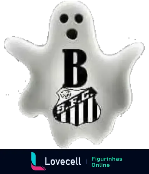 Fantasma estilizado com expressões de olhos grandes e boca aberta segurando o escudo do Santos Futebol Clube em preto e branco com a letra 'B' destacada