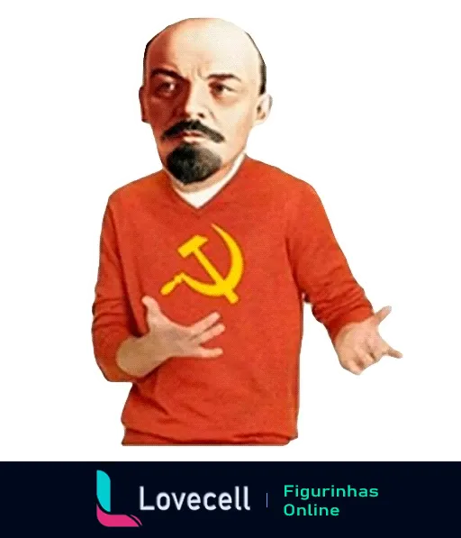 Caricatura de Lenin vestindo suéter vermelho com símbolo do martelo e foice, gesticulando com expressão neutra