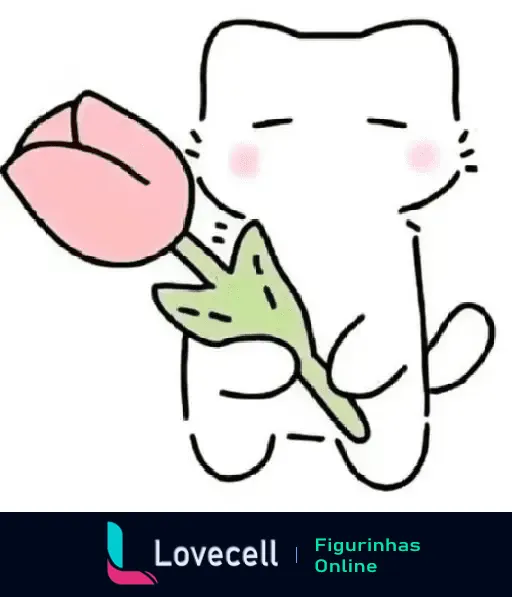 Ilustração de um gato branco de desenho simples segurando uma flor rosa. O gato tem bochechas coradas e expressa carinho. Título: 'Gato com flor fofa'.