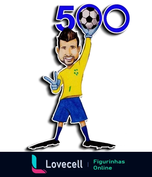 Caricatura de jogador do Cruzeiro comemorando 500 jogos com camisa amarela e shorts azuis, segurando uma bola de futebol.