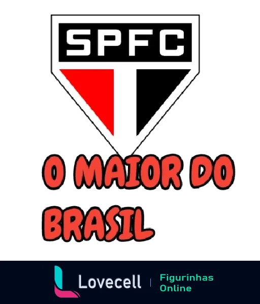 Logotipo do São Paulo Futebol Clube com escudo triangular nas cores branca, preta e vermelha, destacando as letras SPFC, e a frase 'O Maior do Brasil' em vermelho abaixo