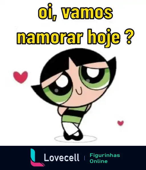 Personagem de desenho com cabelo preto e expressão encantadora, rodeado de corações, com a frase 'oi, vamos namorar hoje?'