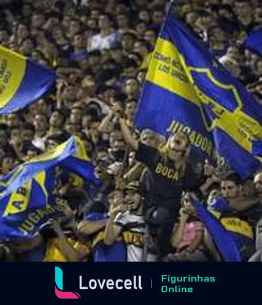 Torcedores do Boca Juniors comemorando em um estádio, agitando bandeiras azuis e amarelas