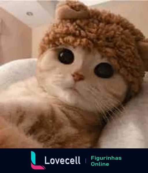 Gato de pelos claros usando um gorro que lembra um novelo de lã, com grandes olhos expressivos e aparência surpresa