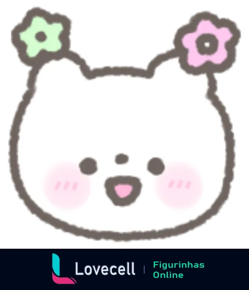 Desenho kawaii de um rosto de ursinho fofinho, branco, com bochechas rosadas e flores coloridas na cabeça, sorrindo alegremente.