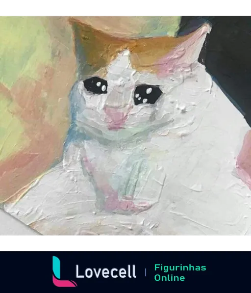 Figurinha de gato abstrato com olhos expressivos e manchas multicoloridas em estilo de pinceladas grossas e cores pastel