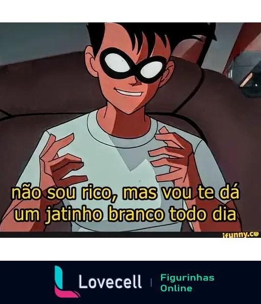 Cena de animação com personagem de máscara preta e camiseta branca sorrindo, dizendo: 'não sou rico, mas vou te dá um jatinho branco todo dia'.