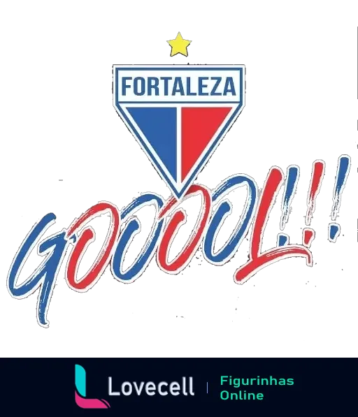 Emblema do Fortaleza Esporte Clube com as cores azul e vermelho e a palavra 'GOL!!!' em letras grandes e estilizadas para celebrar um gol