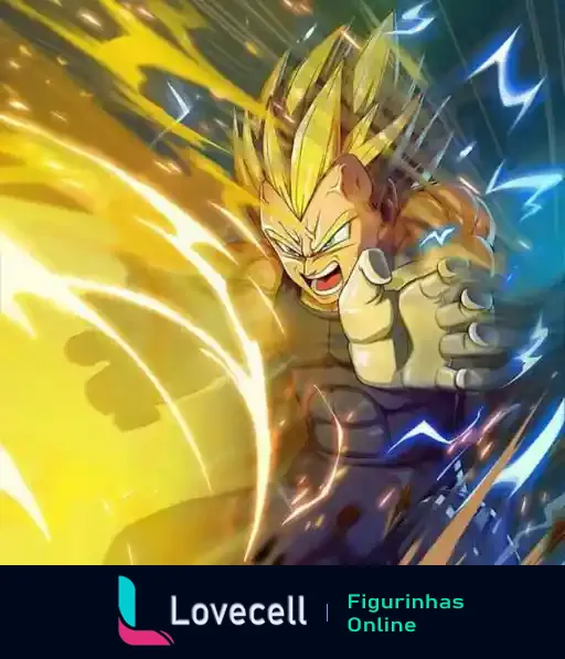 Figurinha do Super Vegeta lançando um poderoso ataque de energia, com raios e faíscas ao redor, destacando sua expressão de concentração e poder.