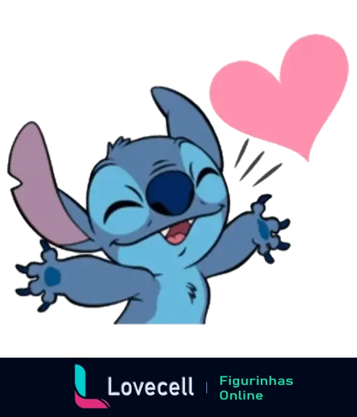 Figurinha do Stitch, personagem da Disney, sorrindo alegremente e mostrando um coração rosa ao lado de seu rosto. Expressa afeto e alegria.