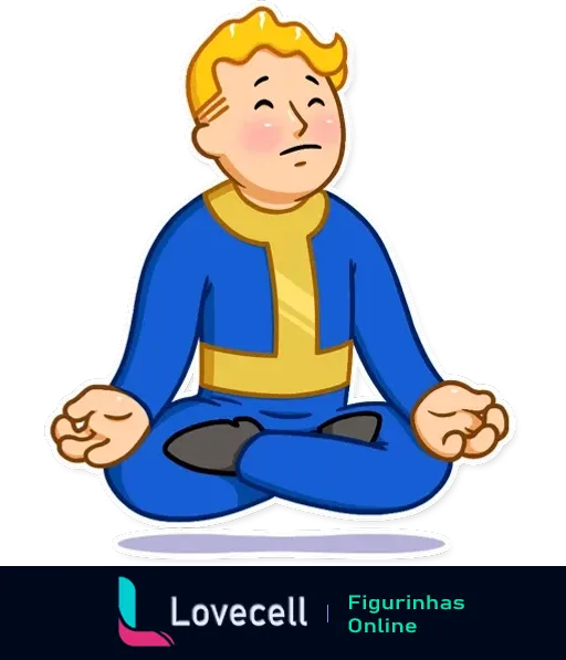 Figura do Fallout Vault Boy em posição de meditação, sentado de pernas cruzadas e olhos fechados, aparentando calma e concentração