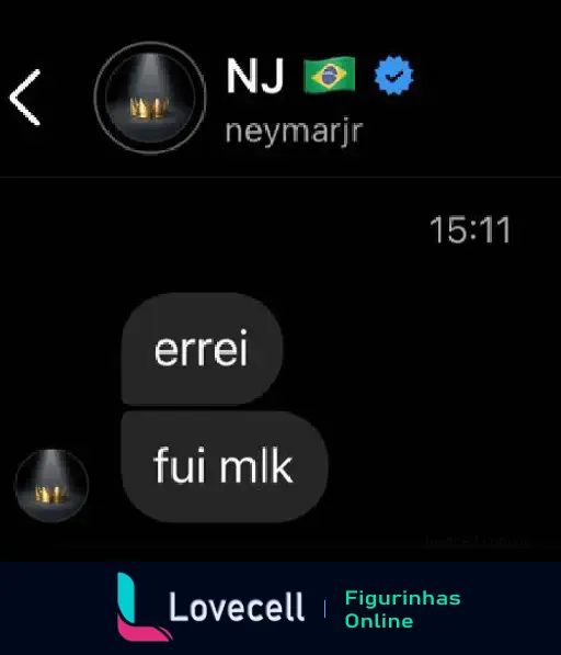 Conversa do Instagram mostrando mensagem de Neymar: 'errei' e 'fui mlk' em fundo preto, destacando as reações informais.