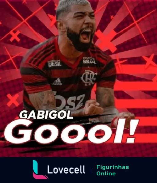 Gabigol comemorando gol, vestindo uniforme do Flamengo, gritando com fundo vermelho e preto e a palavra 'Gooool!' destacada