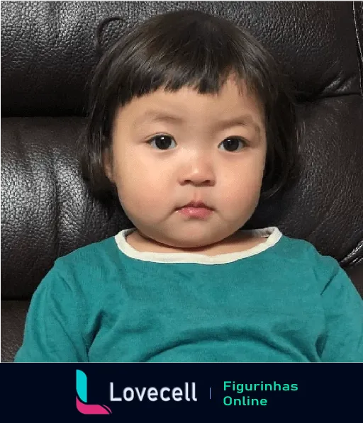 Criança pequena com cabelo curto e franja, vestindo camiseta verde, sentada e com expressão pensativa olhando para frente