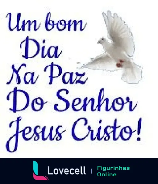 Figurinha de WhatsApp com mensagem evangélica. Texto em azul: 'Um bom dia na paz do Senhor Jesus Cristo!' e uma pomba branca ao lado.