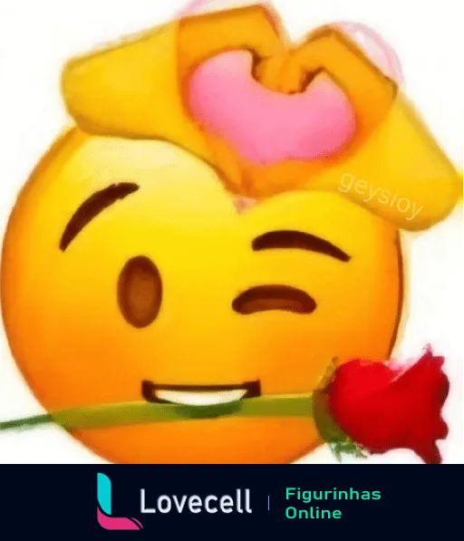 Emoji de amor piscando com sorriso, chapéu amarelo e rosa na boca. Texto 'geysi.oy' visível na imagem.