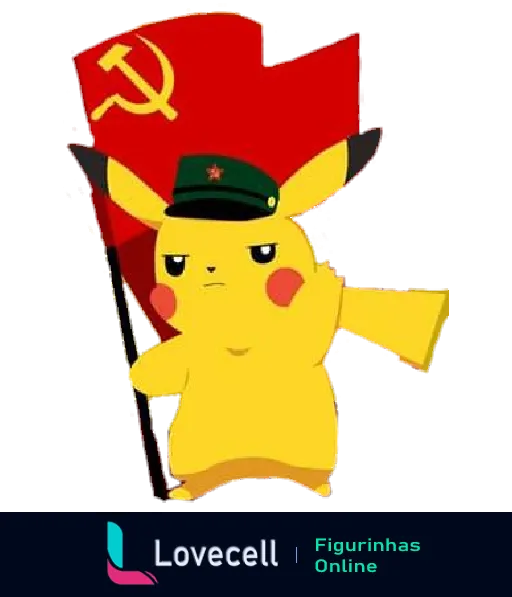 Pikachu com boina vermelha e símbolo comunista de foice e martelo, fundo colorido estilo arco-íris