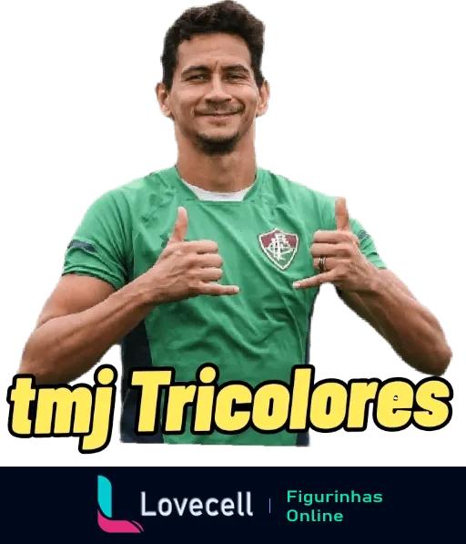 Figurinha de WhatsApp do jogador do Fluminense de camisa verde, sorridente e confiante, fazendo sinal de positivo com as duas mãos, com a frase 'tmj Tricolores' na parte inferior