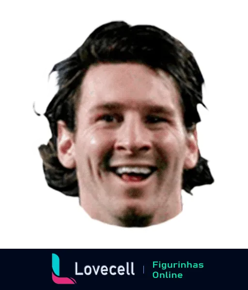 Figurinha do Messi sorridente com cabelos longos e negros, expressando alegria e carisma, perfeita para momentos de celebração em conversas