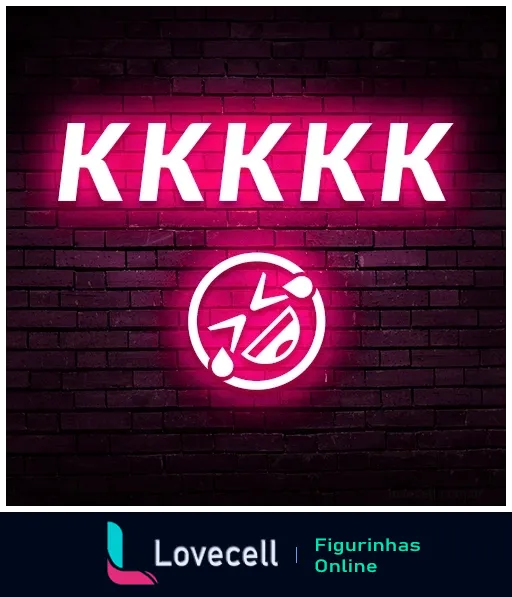 Figurinha com 'KKKKK' em neon rosa e emoticon sorridente em fundo de tijolos