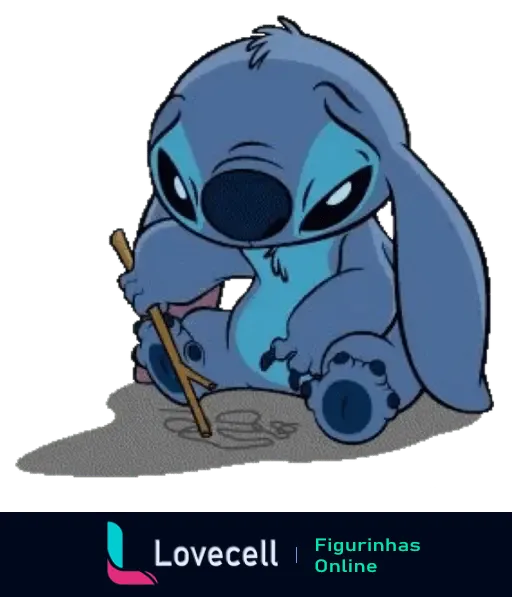 Sticker de Stitch triste, personagem da animação Lilo & Stitch, desenhando na areia com um graveto.