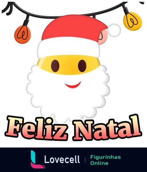 Figurinha de Feliz Natal com caricatura de Papai Noel alegre, usando gorro vermelho e barba branca, com texto 'Feliz Natal' e luzes decorativas ao fundo