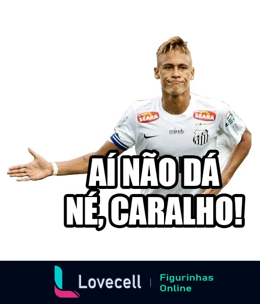 Figurinha do WhatsApp mostrando jogador de futebol do Santos frustrado com braços abertos e a frase 'Ai não dá, né, caralho!'