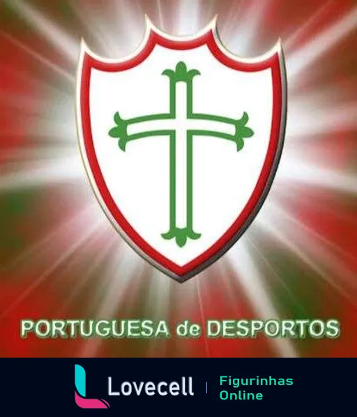 Escudo da Associação Portuguesa de Desportos, com fundo branco, cruz verde no centro e nome do clube na parte inferior