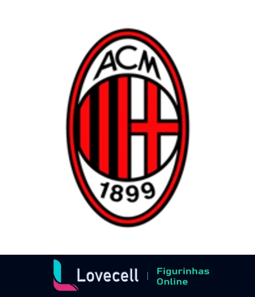 Logo do AC Milan em figurinha com emblema oval, listras vermelhas e pretas, letras 'ACM' em branco no topo e '1899' na parte inferior