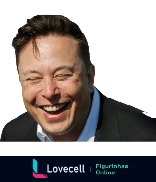 Elon Musk sorrindo amplamente, vestindo terno preto e camisa branca, expressando alegria genuína e contagiante