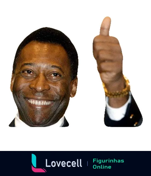 Figurinha de Pelé sorrindo e fazendo um gesto de polegar para cima, vestido com traje formal escuro e um relógio dourado no pulso