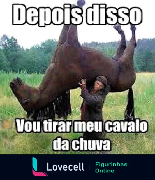 Homem segurando cavalo de cabeça para baixo em campo verde com texto 'Depois disso, vou tirar meu cavalo da chuva'