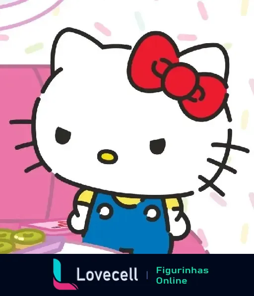 Hello Kitty com rosto curioso, usando macacão azul e laço vermelho, com fundo colorido e confete em ambiente divertido. Parte da coleção Kuromi e Hello Kitty.