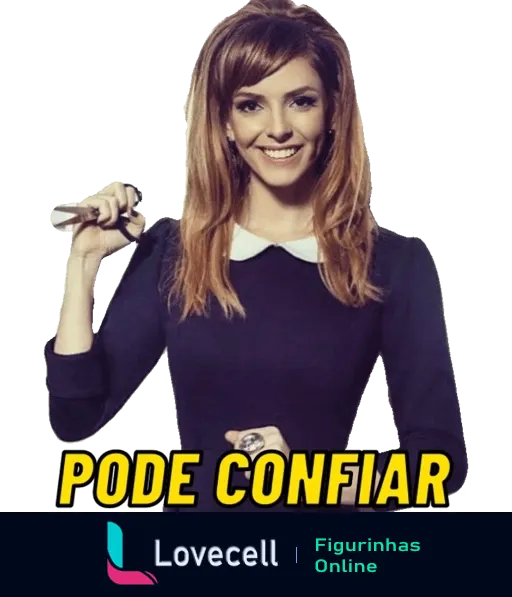 Titi Müller segurando um microfone com expressão confiante e sorridente, vestindo blusa preta com gola branca, e frase 'PODE CONFIAR' em letras brancas e amarelas