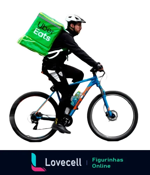 Entregador do Uber Eats pedalando bicicleta colorida, com capacete branco, roupas pretas e mochila térmica verde, em movimento rápido