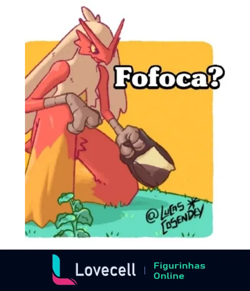 Ilustração de Blaziken em um fundo amarelo com a palavra 'Fofoca?' escrita em negrito acima. Desenho de estilo cartoon.