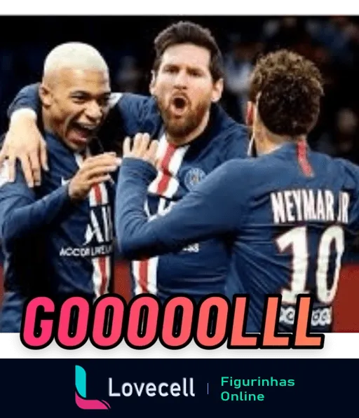 Três jogadores do PSG celebrando gol abraçados no campo, com a palavra 'GOOOOOLLL' em letras grandes e vermelhas, mostrando entusiasmo e espírito de equipe