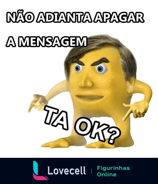 Figurinha de personagem animado com expressão séria e gesto de mão enfático dizendo 'NÃO ADIANTA APAGAR A MENSAGEM TA OK?', em tom irônico sobre mensagens apagadas