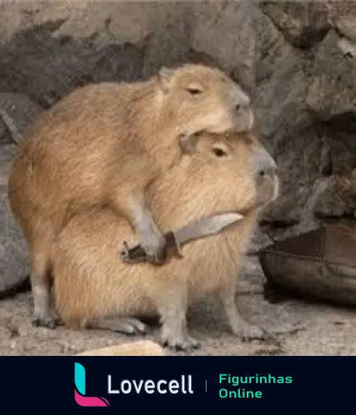 Duas capivaras juntas em posição engraçada, uma segurando uma faca com a boca, em um cenário natural.