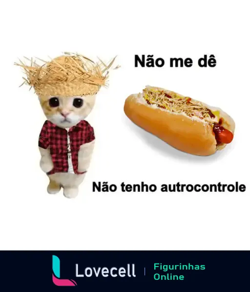 Figurinha engraçada de gato na festa junina com chapéu de palha, dizendo não tenho autocontrole para cachorro quente