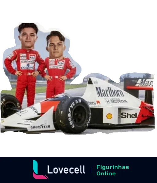 Dois pilotos de Fórmula 1 com uniformes vermelhos da Marlboro Honda ao lado de um carro de corrida branco com logos de Marlboro, Shell e Goodyear