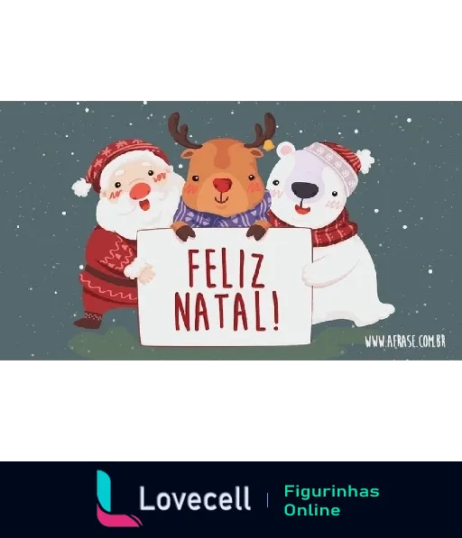 Papai Noel, rena e urso polar vestidos de inverno segurando placa 'Feliz Natal!' com expressões alegres