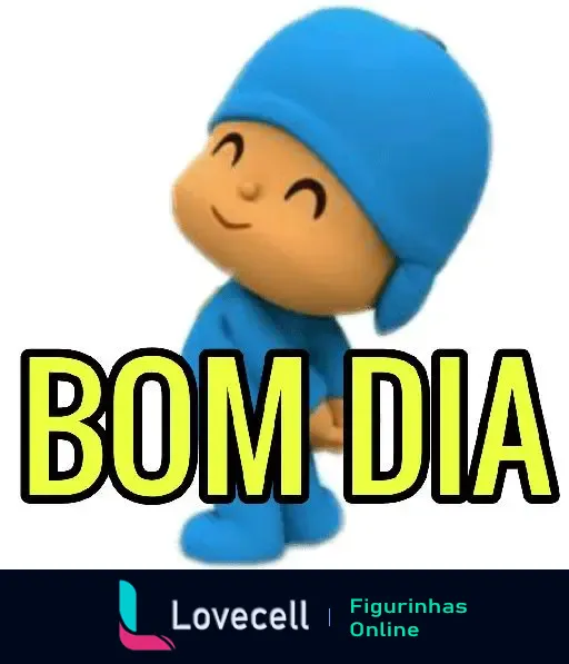 Ilustração animada do personagem Pocoyo em uma pose feliz, vestido de azul, com a frase 'BOM DIA' em letras grandes e amarelas abaixo dele.