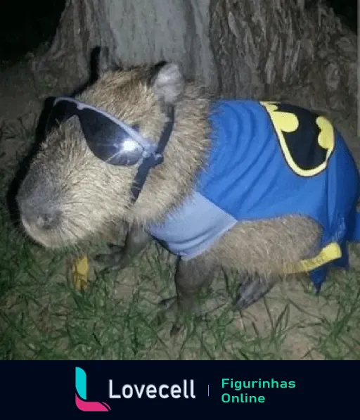 Capivara vestida como super-herói com capa azul e símbolo amarelo, usando óculos escuros, posando próxima a uma árvore.