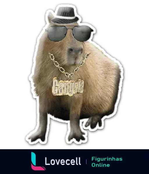 Figurinha de WhatsApp de uma capivara estilo gangsta, usando chapéu, óculos escuros e colar com a palavra 'Gangsta'.